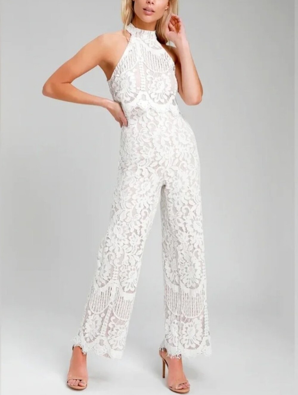 Lulus Britney White Lace Halter Jumpsuit L Summer Party Festival